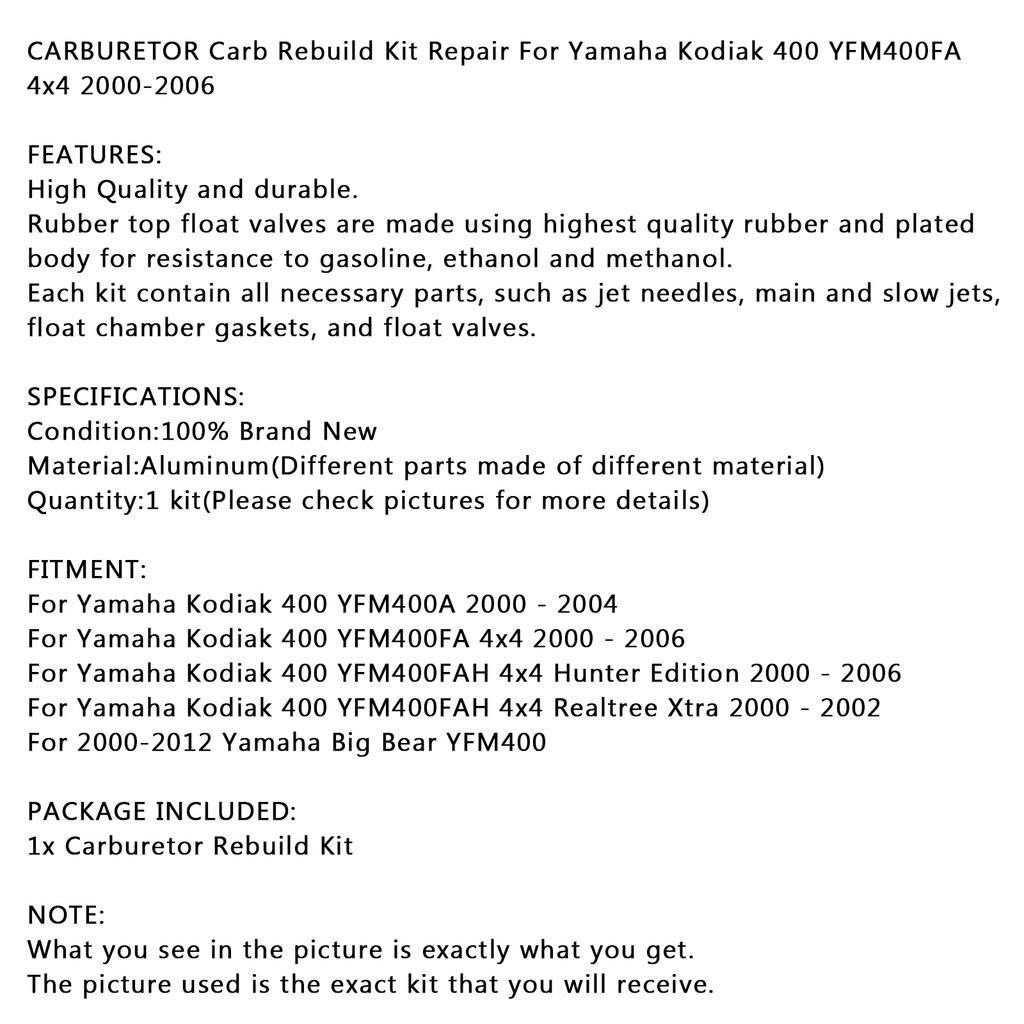 Carburetor Repair Carb Rebuild Kit For Yamaha Kodiak 400 YFM400FA 4x4 2000-2006
