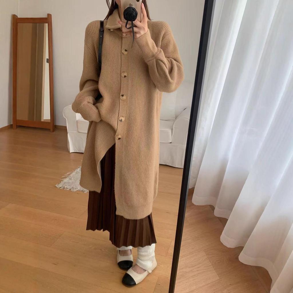 Strickjacke mit hohem Kragen und mittellanger Länge für Damen - 2025 Herbst/Winter Schlank machender Pullovermantel