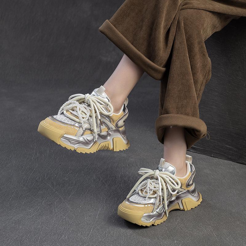 Fashion 5cm Air Mesh Microfiber Pigskin Leather Summer Bling Mixed Color Fsahion Ankle Boots Hollow Chunky Sneaker Women Shoes