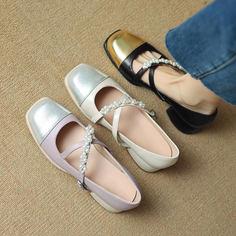 Fashion Women's new spring and autumn round toe color blocked cross strap pearl mid heel plus size Mary Jane single shoe