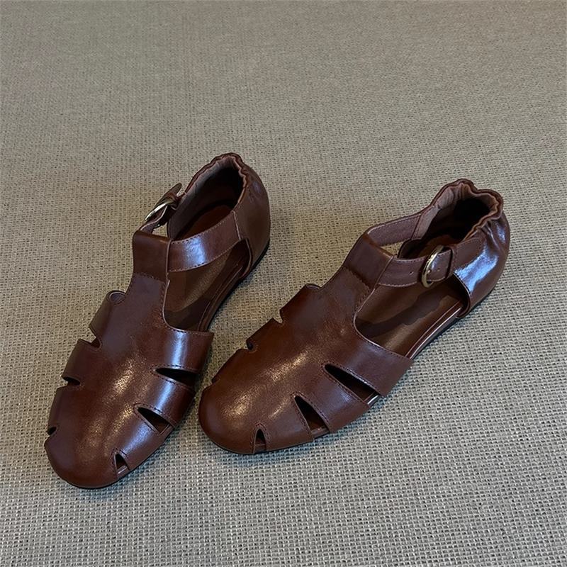 Top layer leather summer retro hollow Roman casual pig cage shoes Baotou sandals women's flat T-19-2