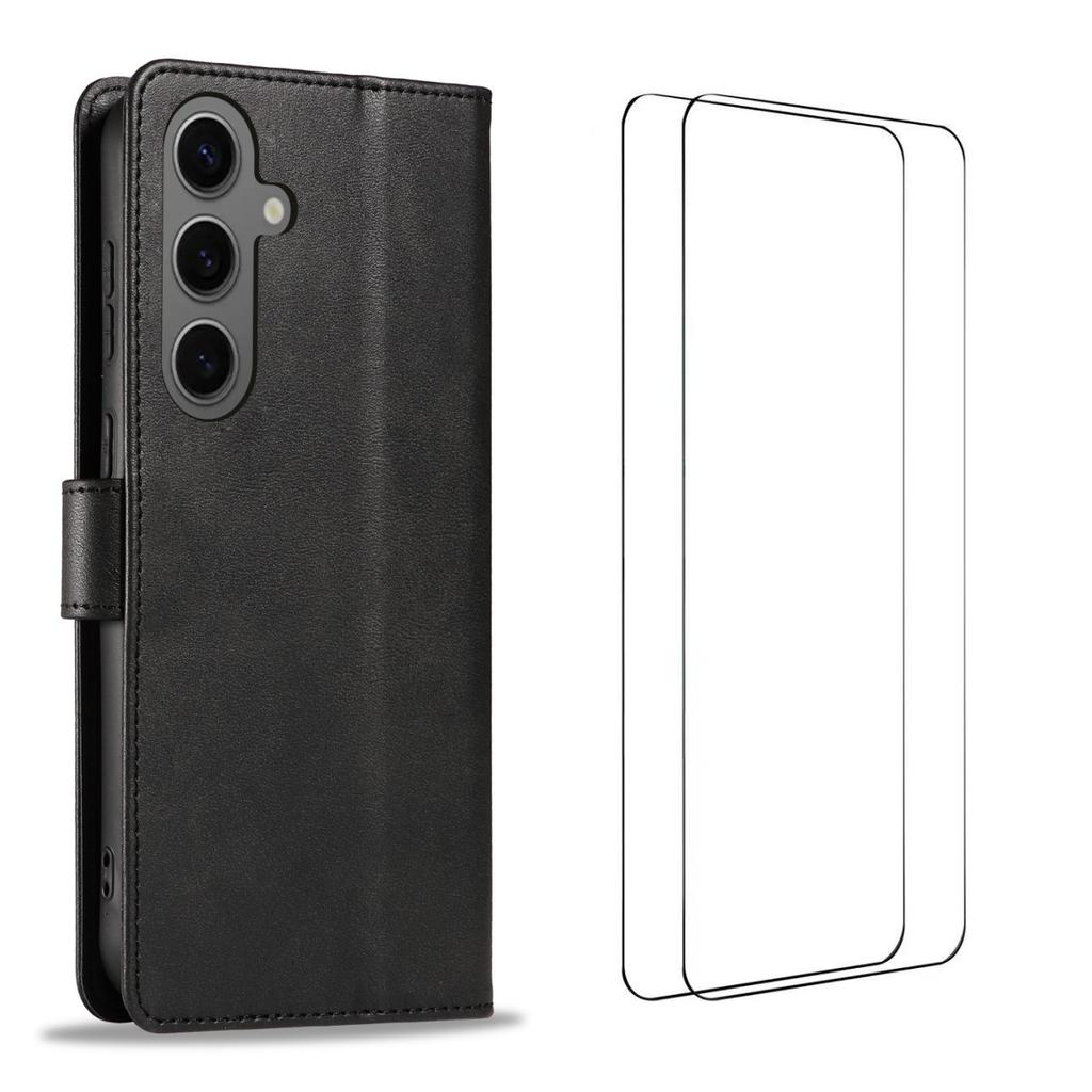 For Samsung Galaxy S25 Case with 2Pcs Tempered Glass WANLONFENG WN Series Calf Texture Leather Phone Cover Big Cutouts