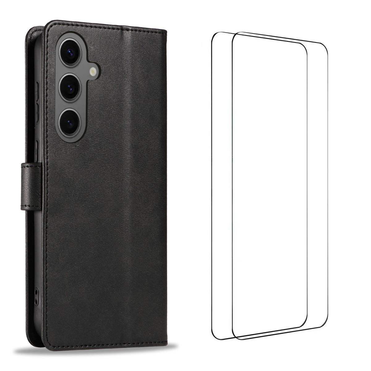 

For Samsung Galaxy S25 Case with 2Pcs Tempered Glass WANLONFENG WN Series Calf Texture Leather Phone Cover Big Cutouts