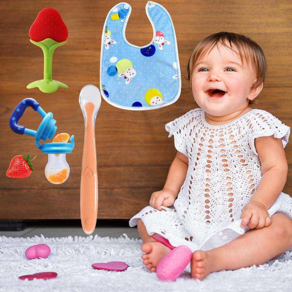 Baby Feeding & Teething Combo – Fruit Feeder, Soft Teether, Silicone Bib & Feeding Spoon (Pack of 4)