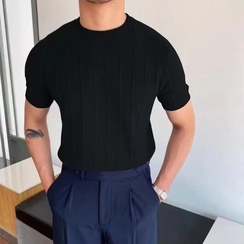 

Men s Classic Crew Neck Vertical Ribbed Knit Short Sleeve Top M чорний