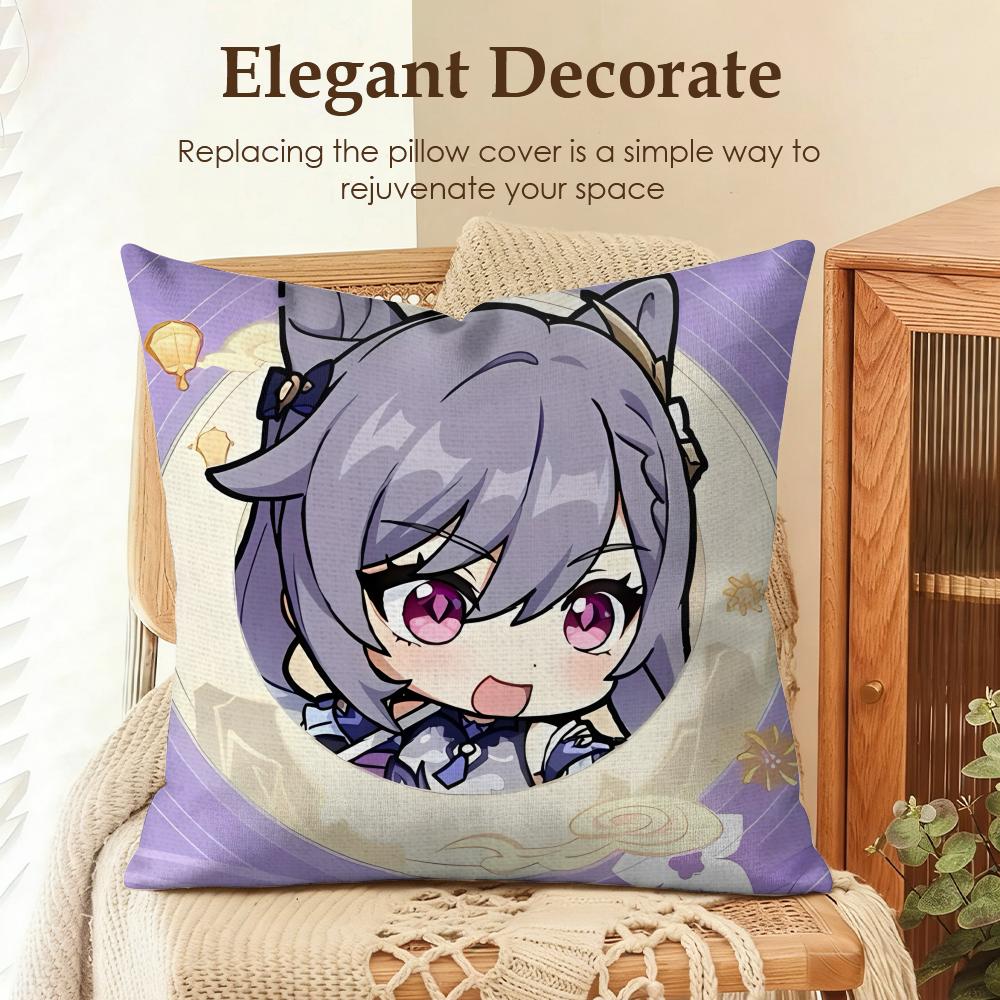 Keqing Cute Genshin Impact Cushion Cover Natural Linen Organic Fabric Double-Sided Printing Sofa Home Decor Gift Pillow Case