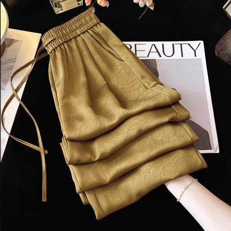 Ice silk wide-leg pants women's summer thin new drape cool printing acetic acid satin straight pants