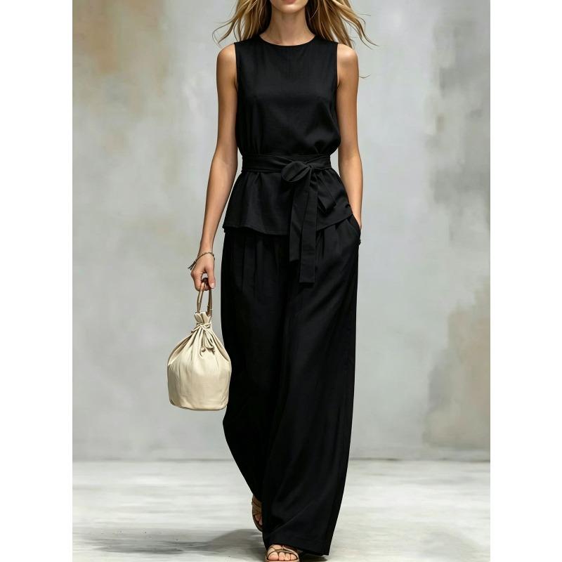 QICED Women's Sleeveless Round Neck Fashion Casual Pants Suits Casual Chic