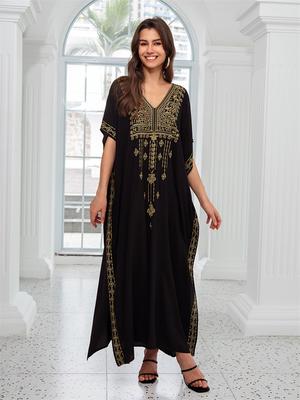 Μακρύ φόρεμα Kaftan Premium χρυσό, κεντημένο με λαιμόκοψη V, 2024, γυναικεία φαρδιά μαύρη ρόμπα Καλοκαιρινό μαγιό παραλίας Q1704