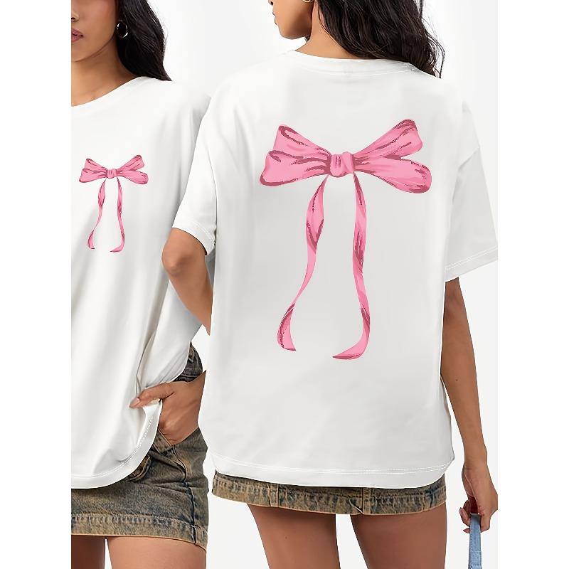 European Size A Short-Sleeved T-Shirt with a Front And Back Print Featuring a Pink Bow Pattern, Designed for Summer/Spring. This Women'S Top Is Loose