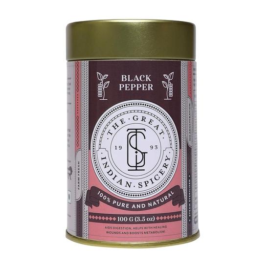 The Great Indian Spicery | Black Pepper (Kaali Mirch) | 100gm Tin – 100% Pure & Natural, Farm Fresh, Non-Adulterated