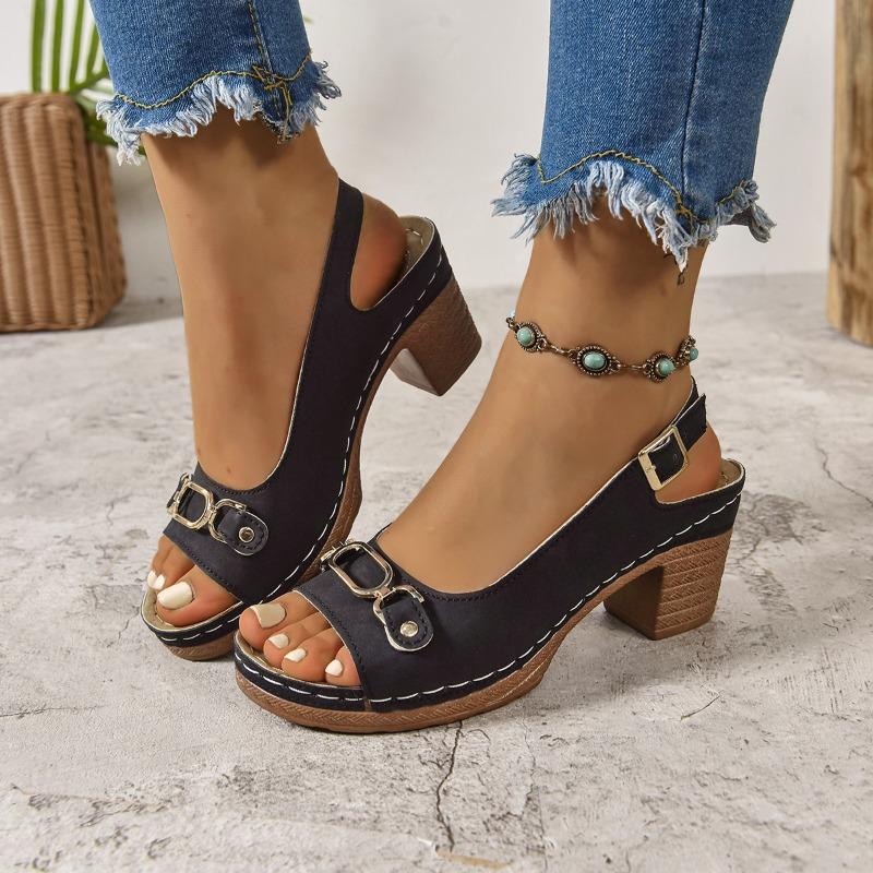 Women’s Peep-Toe Buckle Mid Heel Sandals Comfortable Summer Shoes