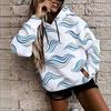 Women Plus Size Wave Printed White Long Sleeve Drawstring Hoodie Pullover With Kangaroo Pocket