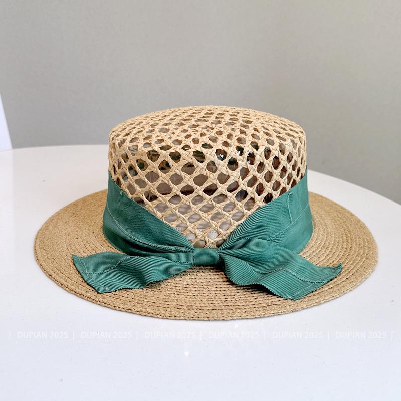 

Designer Boater Straw Hats Ribbon Band Sea Grass Sun Hat Breathable Hollow Out Style Beach Hat Fine Braid UPF50+ Hat for Women 56-58CM зелений