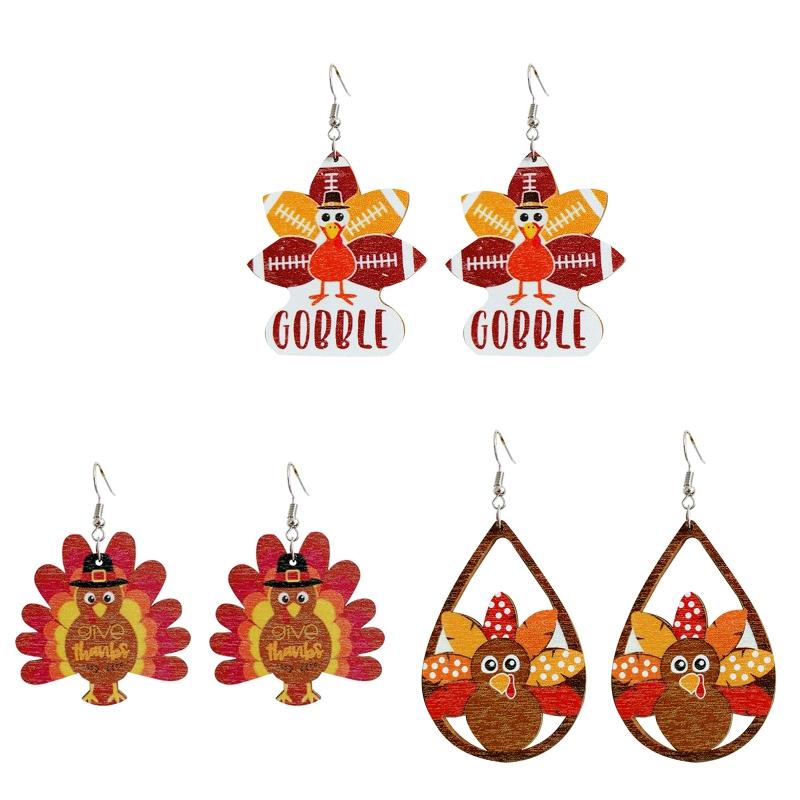 3 Styles Wooden Animal Earrings Thanksgiving Turkey Earrings Water Drop Pendant