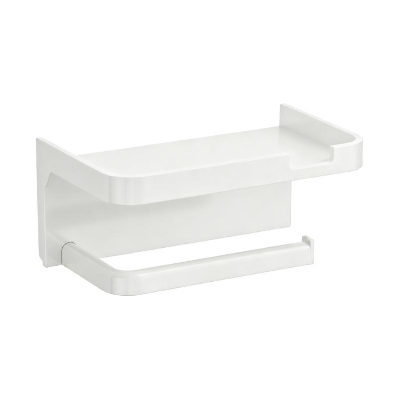 Contemporary Bathroom Shelf with Integrated Phone Tray and Paper Roll Holder Plastic Design Suitable for Washroom