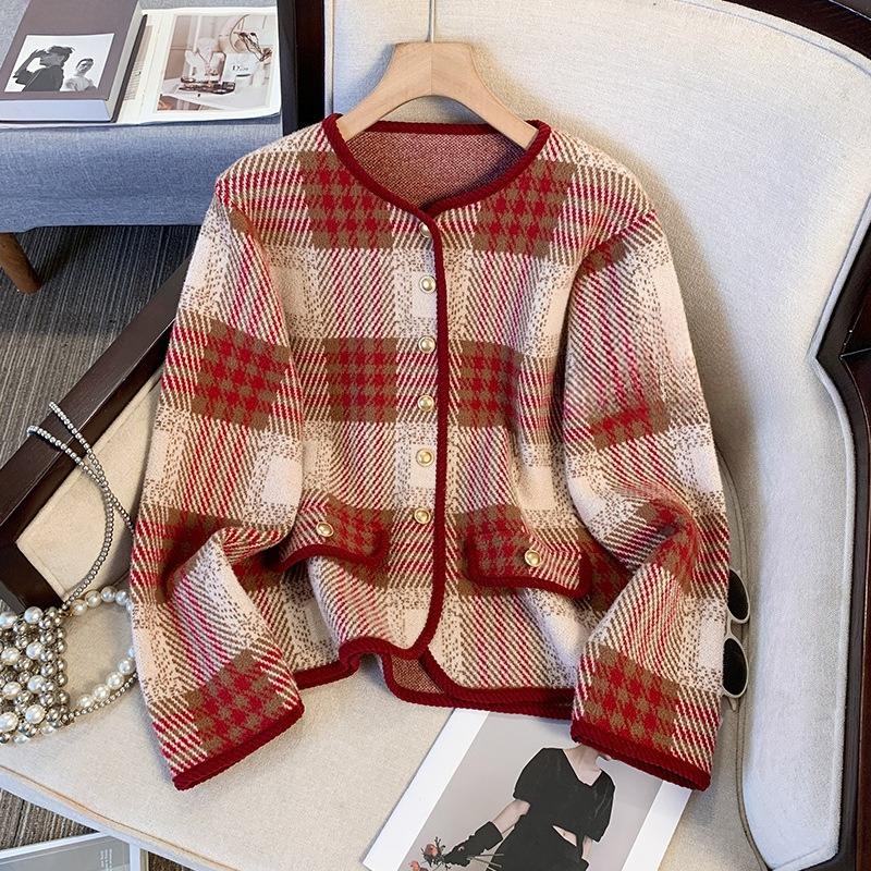 Xiaoxiang Style Plaid Woolen Coat for Women Autumn and Winter New Style Retro Contrast Color Foreign Style Small Knitted Cardigan