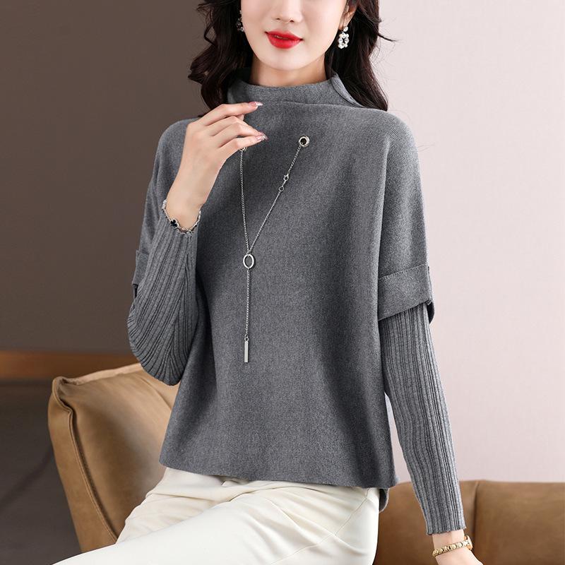 Semi-turtleneck Knitted Bottoming Shirt Women's Spring and Autumn Models New Long-sleeved Splicing Fake Two-piece Top Short Sweater