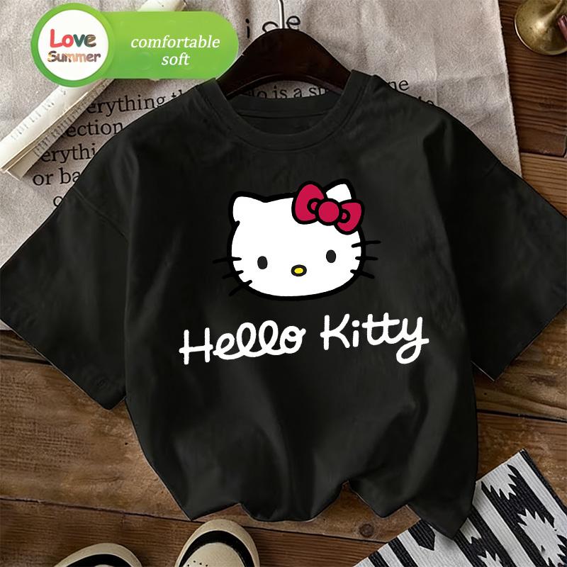 Kitty cat Print T-Shirt 4 to 14 years girls Short-Sleeved back to school Casual Top Suitable for 2026 Summer Spring