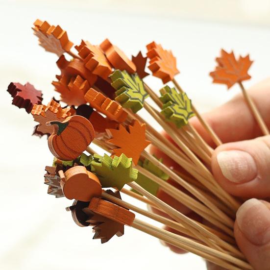 100PCS Disposable Cocktail Picks Thanksgiving Themed Bamboo Skewers with Maple Leaves Pumpkins Acorns