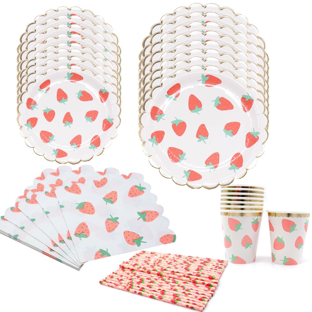 

Набор посуды с фруктами и клубникой, одноразовые бумажные тарелки, чашки, соломинки, салфетки, столовые принадлежности для детского душа, дня рождения, свадьбы