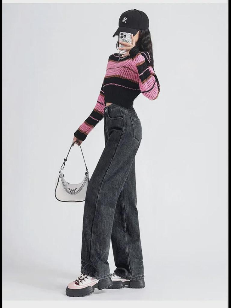 Women's High-Waist Plush Jeans: Korean-Style, Hip-Covering, Loose, Wide-Leg, Thick, Warm, Perfect for Autumn and Winter.