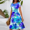 Women's Casual Fashion Round Neck Pleated Short Sleeve Floral Print A-Line Midi Dress