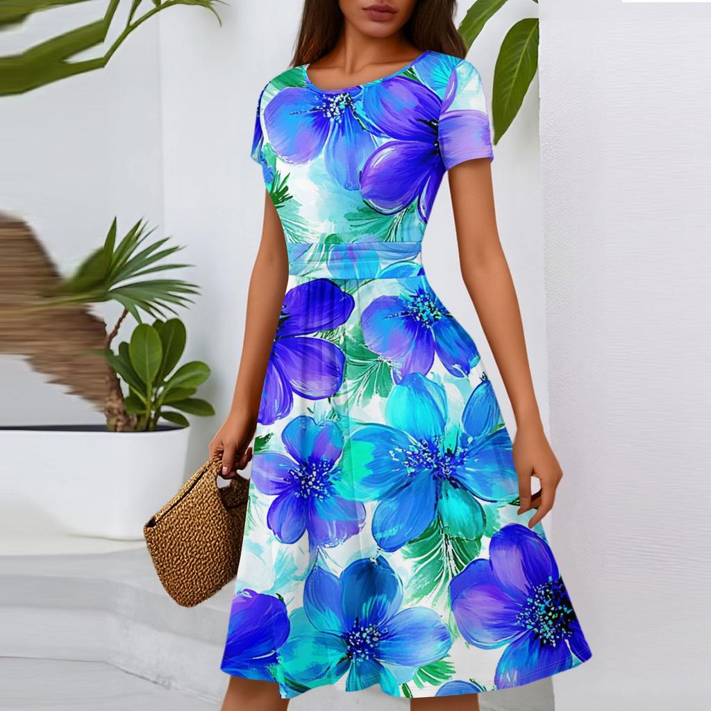 Women's Casual Fashion Round Neck Pleated Short Sleeve Floral Print A-Line Midi Dress
