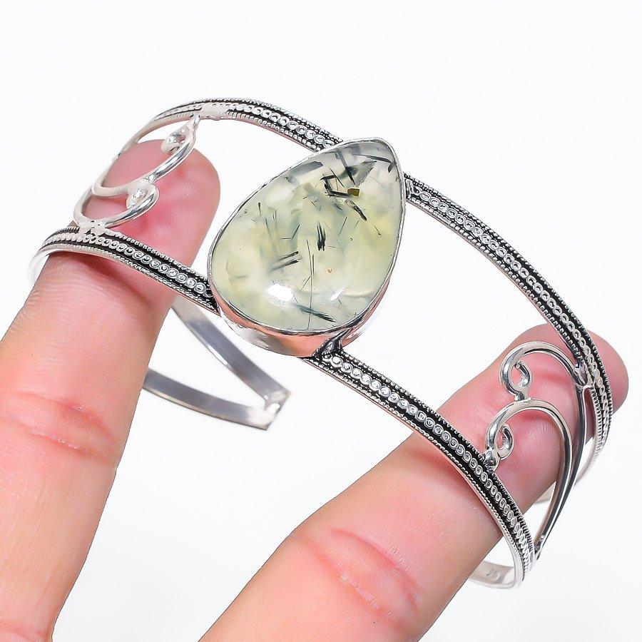 Natural Prehnite Gemstone 925 Sterling Silver Cuff Bangle Adjustable E6i75
