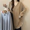 Plus Size Korean Patchwork V-Neck Long Sleeve Sweater - Women's Autumn/Winter Loose Fit Fashion Top