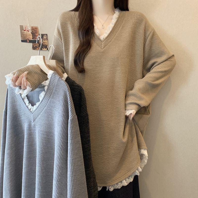 Plus Size Korean Patchwork V-Neck Long Sleeve Sweater - Women's Autumn/Winter Loose Fit Fashion Top