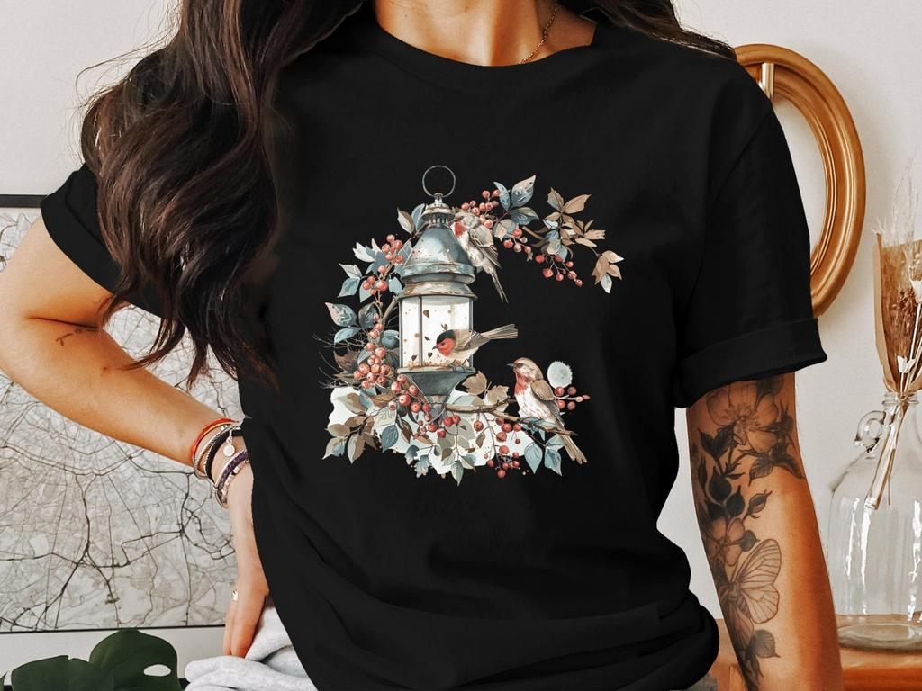 Cottagecore Bird Feeder T-Shirts, Watercolor Robins Design, Nature Lover Gift, Vintage Style Tee, Bird Watching Apparel