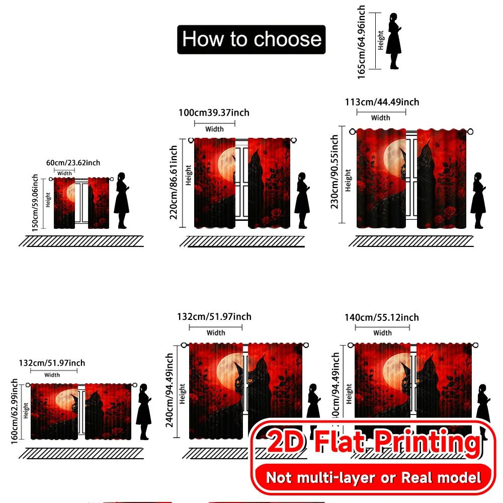 Set Of 2 Flat Printing Curtains Without Rod Moonlit Feline Halloween Festival Fashion Semi Festive Curtain With Light Filtering Polyester