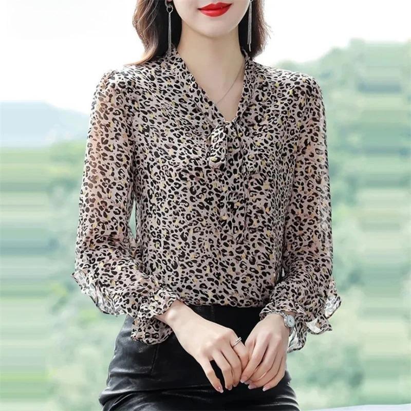 

Women Spring Autumn Casual Chiffon Blouses Leopard Print Bow V Neck Shirts Lady Long Sleeve Elegant Fashion Loose Top 3XL