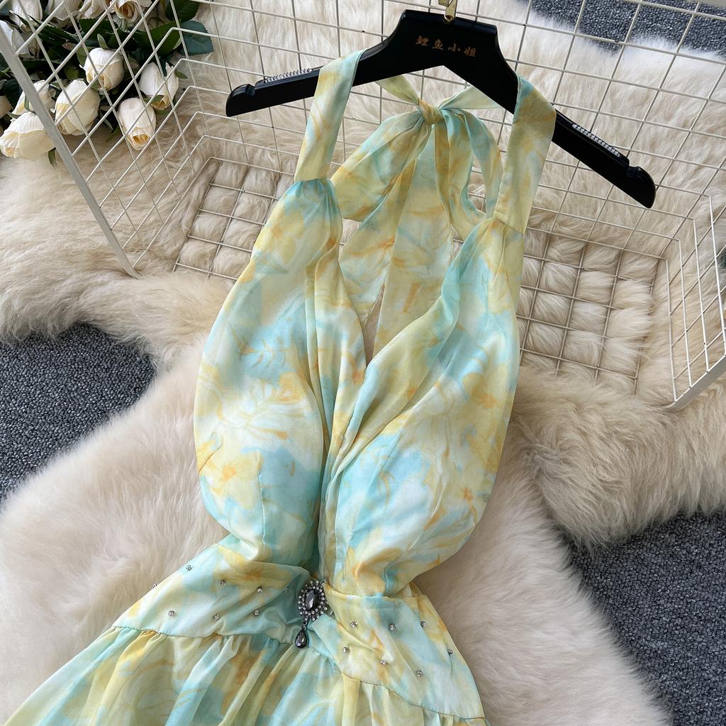 Summer Women V-neck Print Chiffon Halter Open Back Beading Long Maxi Holiday Beach Dresses