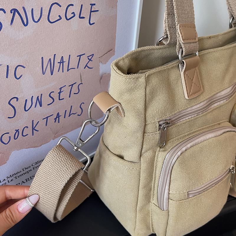 Stylish Canvas Shoulder Bag for Women, Multi-Pocket Tote with Adjustable Strap and Durable Design