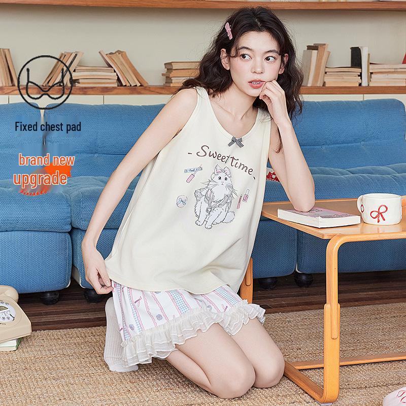 2026 Women's Summer Cotton Pajama Set with Built-in Bra, Cute Cartoon Tank Top & Shorts for Indoors and Outdoors