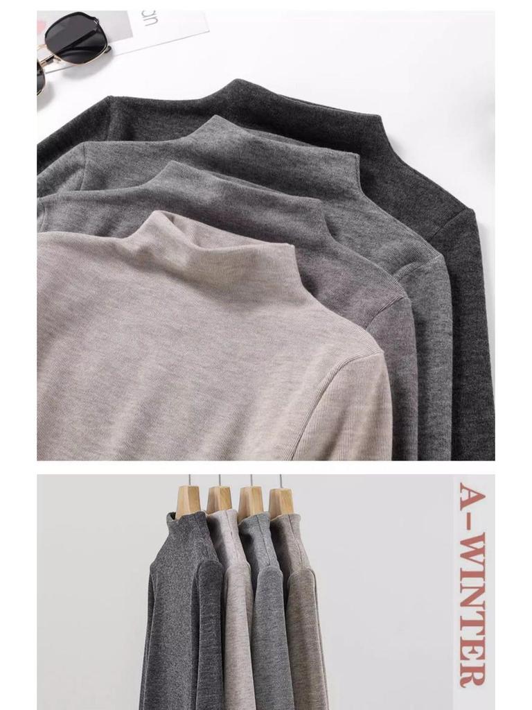 Women's Fleece-Lined Warm Slim-Fit Half-High Neck Base Layer Top, Long-Sleeved, Solid Color, Versatile for Autumn/Winter.