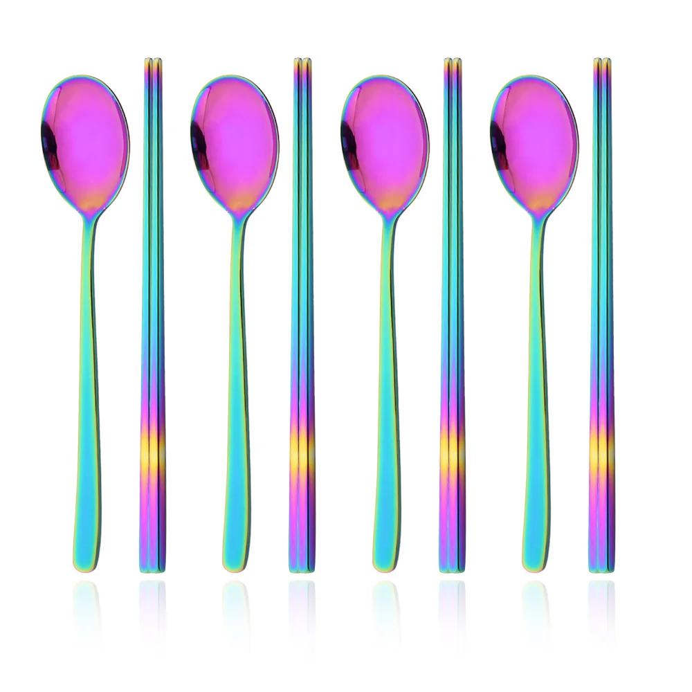 8Pcs/Set Mirror Chopsticks Spoon Cutlery Set Gold Dinnerware Set Luxury Stainless Steel Flatware Korean Tableware Set