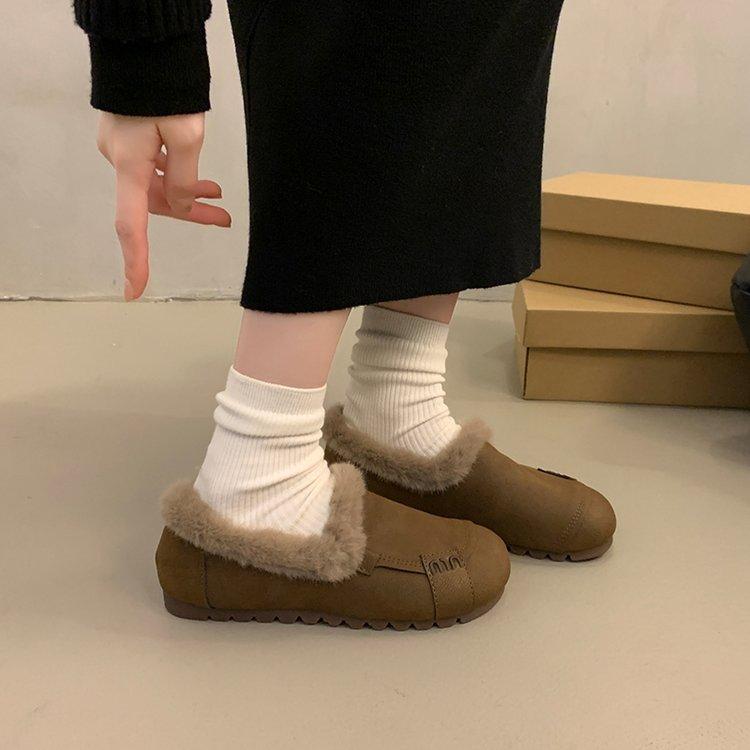 

[Youshilai] Ретро лоферы с круглым носком и неглубоким вырезом женские 2025 зима новые мягкая подошва бархатные теплые на одной педали 40 темно-коричневого