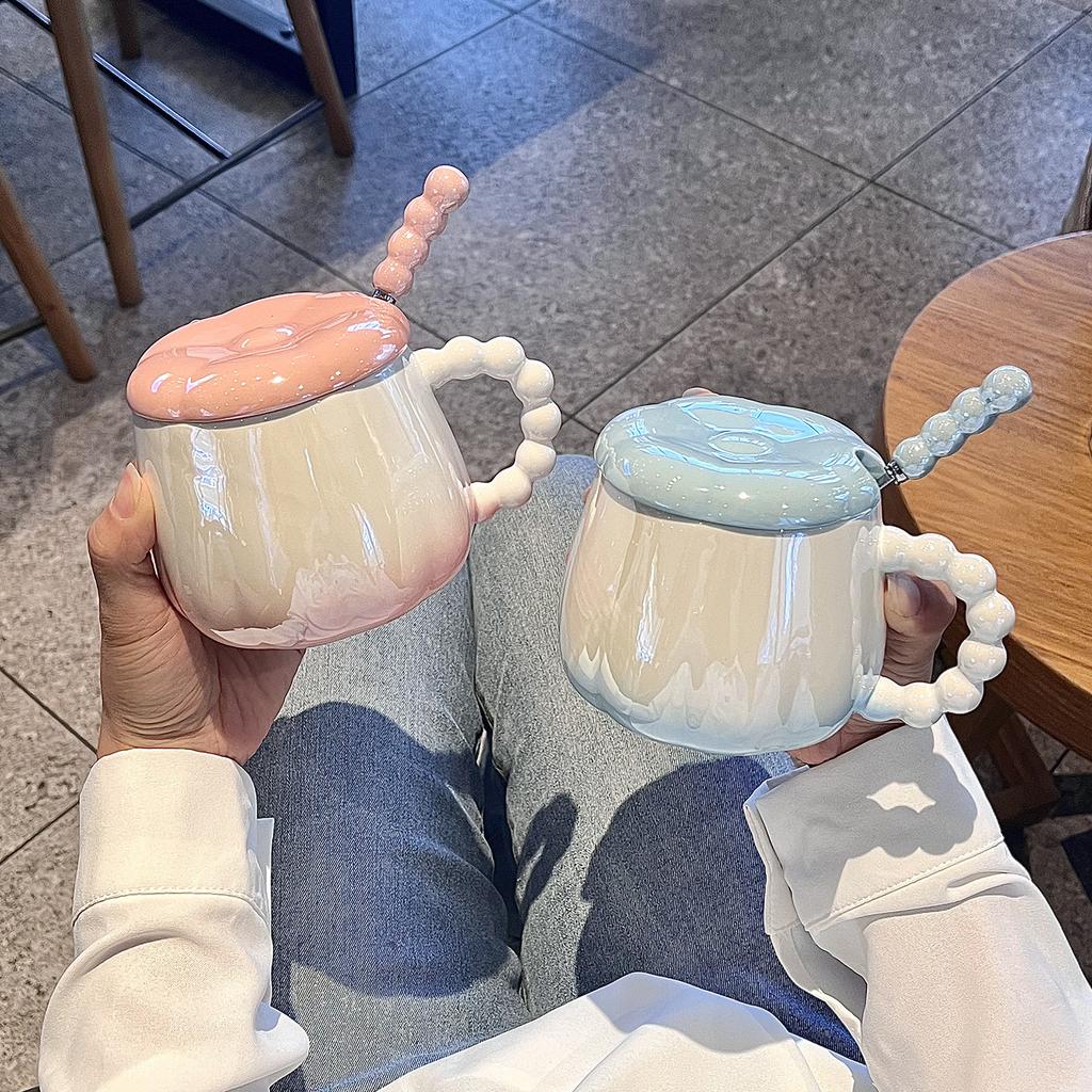High value Pearlescent Mug with Lid Spoon Ceramic Cup for Girls Niche Couples Water Cup Office Coffee Cup