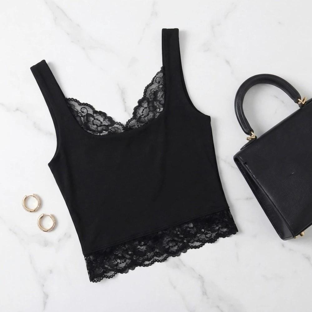 Solid Color Slim Lace Crop Top Patchwork Lace Sling Tank Ins Style Spaghetti Y2k Top Beach