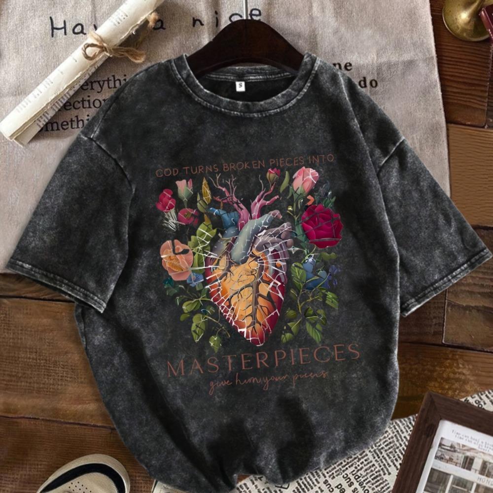 Vintage Washed Black Graphic Tee Women Men Summer Broken Heart Floral Print Loose Casual Short Sleeve Top S