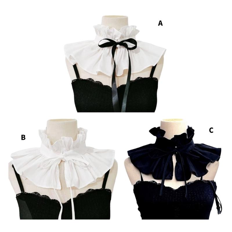 Vintage Ruffle Stand False Collar with Ribbon Tie for Women Victorian Detachable Neck Ruff Decorative Shawl Cape Boleros