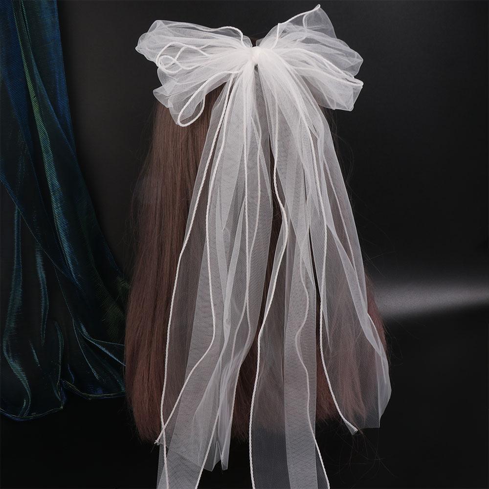Short White Bridal Tulle Gauze Pearl Bow Veil Romantic Wedding Bridal Veil  Proposal
