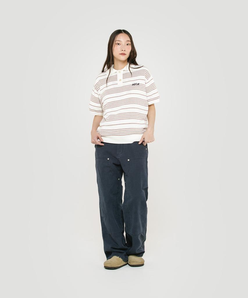 AECA Stripe Structure Collar Neck Half Knit-White/Brown