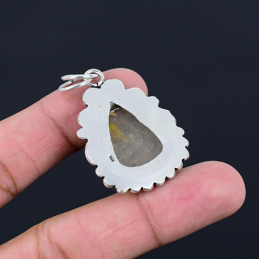 Pear Golden Rutile Gemstone 925 Sterling Silver Engagement Bezel Pendant Jewelry