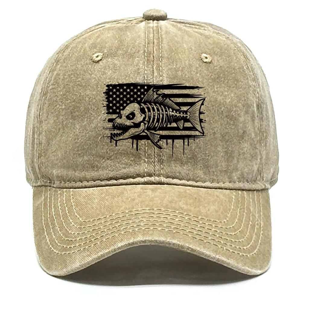American Flag Fish Skeleton Print Adjustable Baseball Hat, Patriotic Mesh Hat Retro Distressed Non-Stretch Fabric Washed Snapback Sun Hat