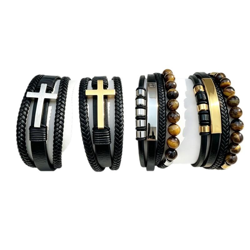 Mens Multi-Layer Braided Leather Cord Bracelet With Stainless Steel Cross Tiger Eye Bead Adjustable Wristband