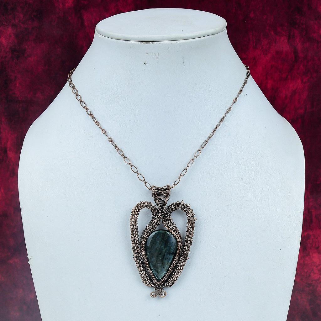 Labradorite Gemstone Pendant Copper Wire Wrapped Jewelry Handmade Unique Pendant